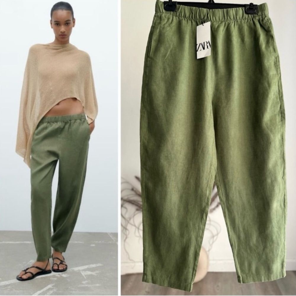 ZARA Women's Linen‎ Olive Green Trousers Pants Size medium